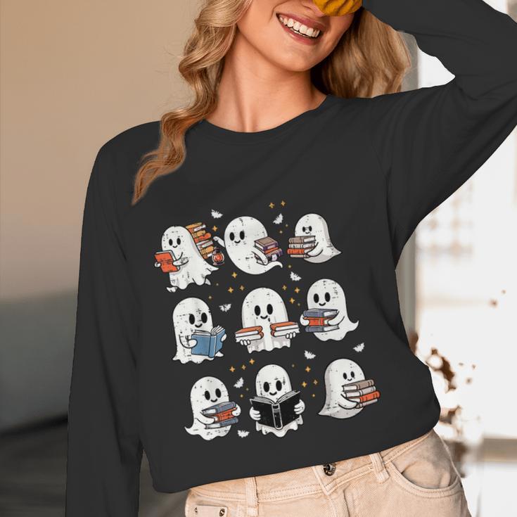 Ghosts With Books Library Halloween Men Women Kids Teacher Women Long Sleeve T-Shirt, novelty gifts, funny gifts