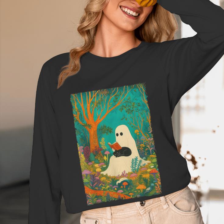 Groovy Ghost Reading Book Cat Halloween Ghost Teacher Women Long Sleeve T-Shirt, novelty gifts, funny gifts Groovy Ghost Reading Book Cat Halloween Ghost Teacher Women Long Sleeve T-Shirt, novelty gifts, funny gifts