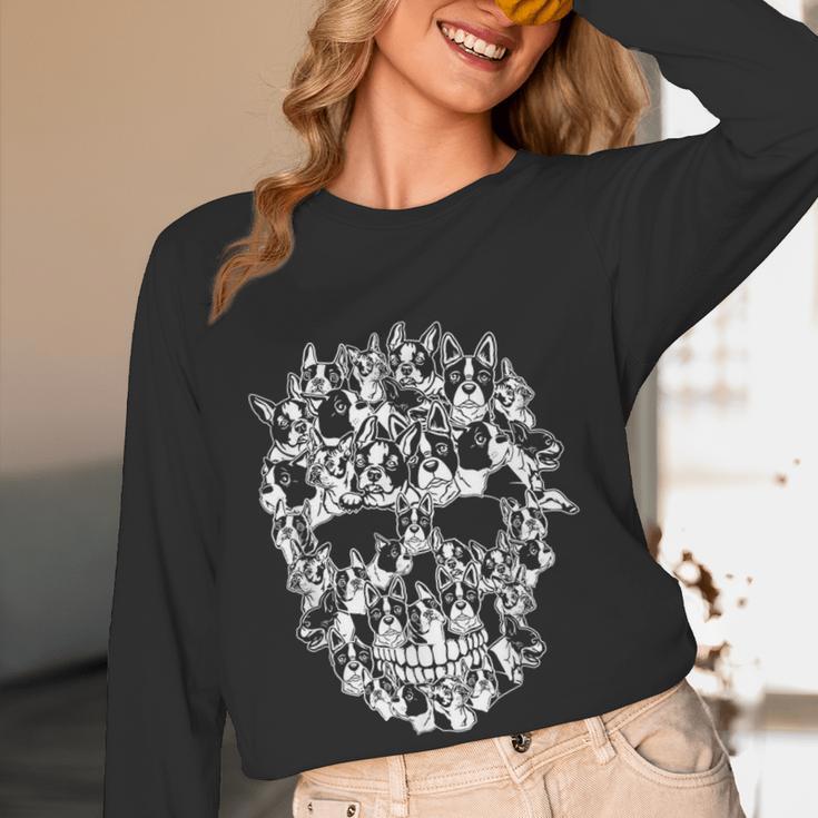 Halloween Costume Skull Boston Terrier Dog Lover Women Long Sleeve T-Shirt, novelty gifts, funny gifts