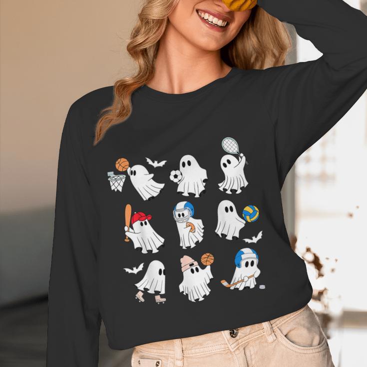 Halloween PE Teacher Ghost Playing Soccer Football Baseball Women Long Sleeve T-Shirt, novelty gifts, funny gifts