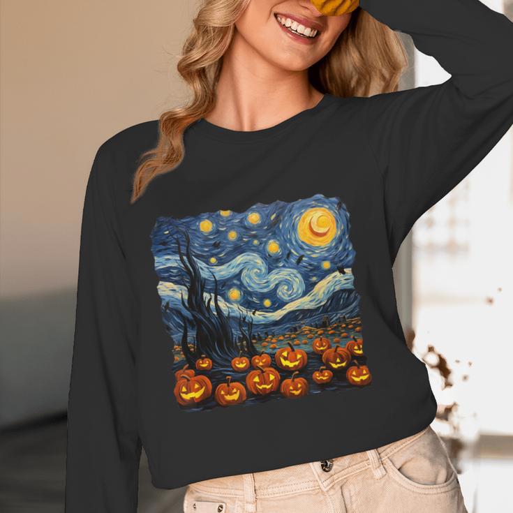 Halloween Pumpkin Starry Night Van Gogh Art Teacher Women Long Sleeve T-Shirt, novelty gifts, funny gifts