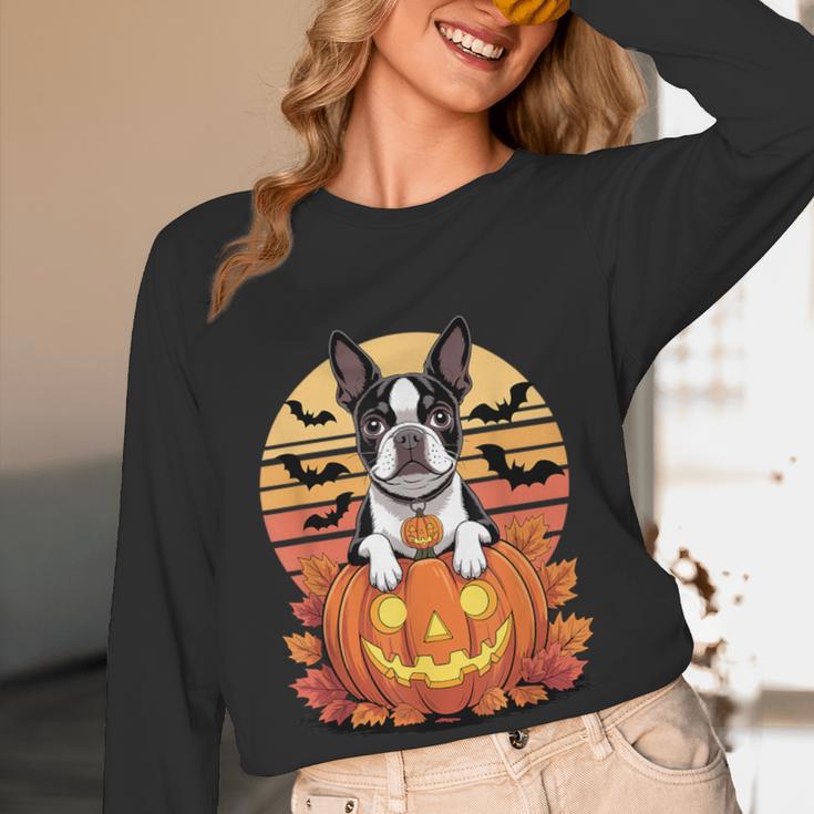 Halloween Retro Boston Terrier Women Long Sleeve T-Shirt, novelty gifts, funny gifts