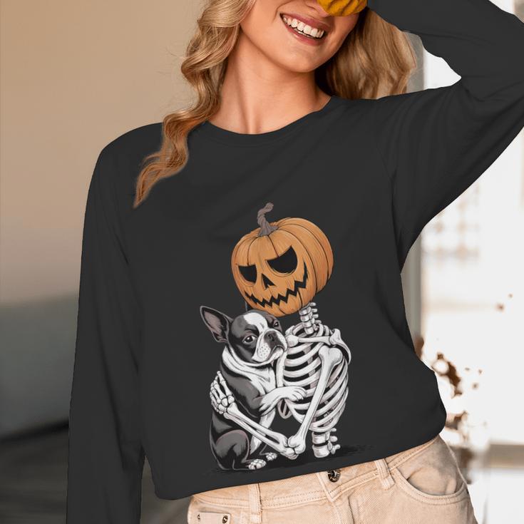 Halloween Skeleton Boston Terrier Women Long Sleeve T-Shirt, novelty gifts, funny gifts