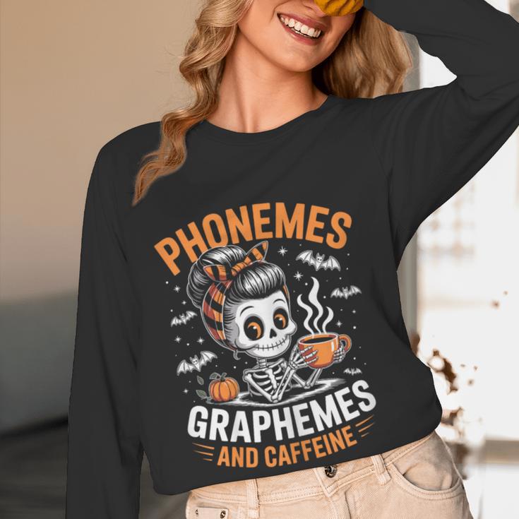 Halloween Skeleton Teacher Phonemes Graphemes Caffeine Lover Women Long Sleeve T-Shirt, novelty gifts, funny gifts