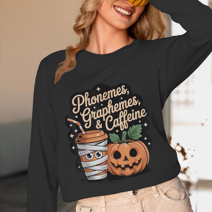 Halloween Teacher Phonemes Graphemes Caffeine Coffee Lover Women Long Sleeve T-Shirt, novelty gifts, funny gifts Halloween Teacher Phonemes Graphemes Caffeine Coffee Lover Women Long Sleeve T-Shirt, novelty gifts, funny gifts