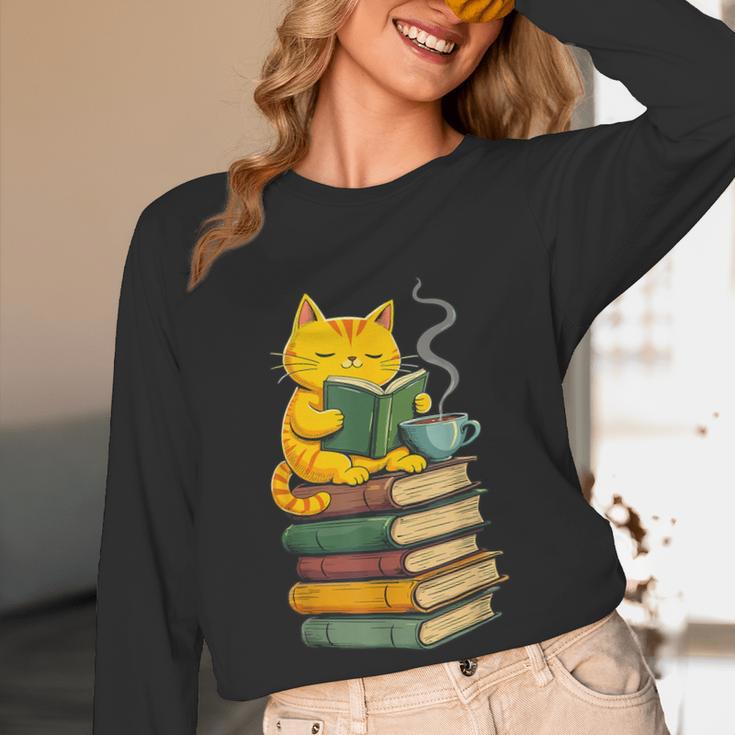 Kawaii Cats Lover Coffee Books Teacher Librarian Cat Women Long Sleeve T-Shirt, novelty gifts, funny gifts