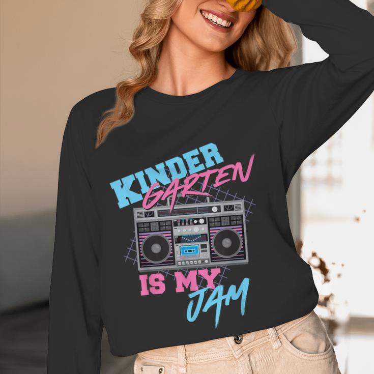 Kindergarten Is My Jam Vintage 80s Boombox Teacher Student Women Long Sleeve T-Shirt, novelty gifts, funny gifts