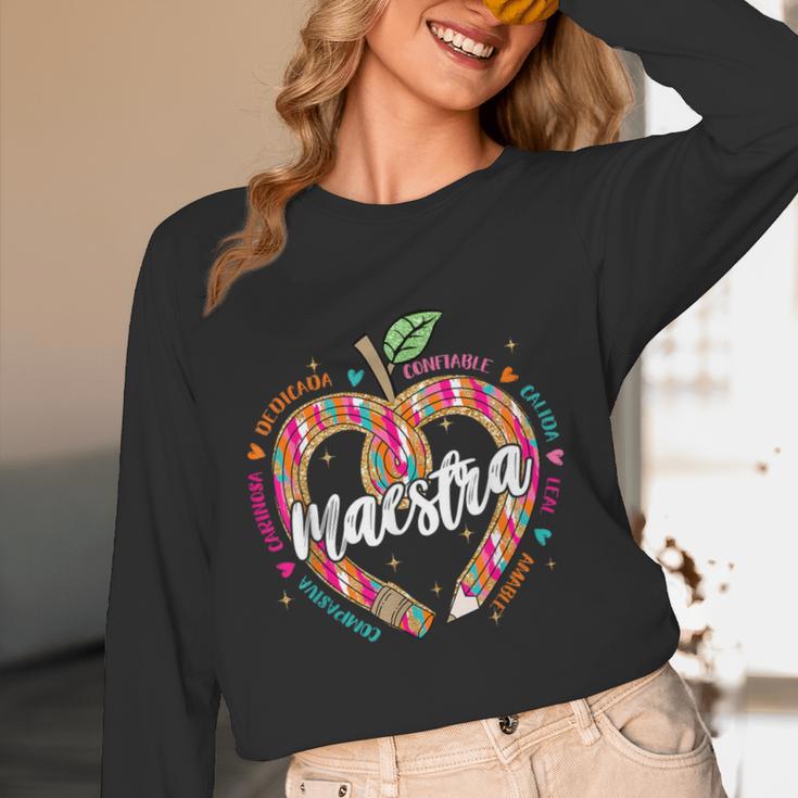 Maestra Pencil Spanish Teacher Bilingual 100 Days Of School Women Long Sleeve T-Shirt, novelty gifts, funny gifts Maestra Pencil Spanish Teacher Bilingual 100 Days Of School Women Long Sleeve T-Shirt, novelty gifts, funny gifts
