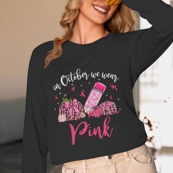 In October We Wear Pink Apple Teacher Daisy Breast Cancer Women Long Sleeve T-Shirt, novelty gifts, funny gifts In October We Wear Pink Apple Teacher Daisy Breast Cancer Women Long Sleeve T-Shirt, novelty gifts, funny gifts