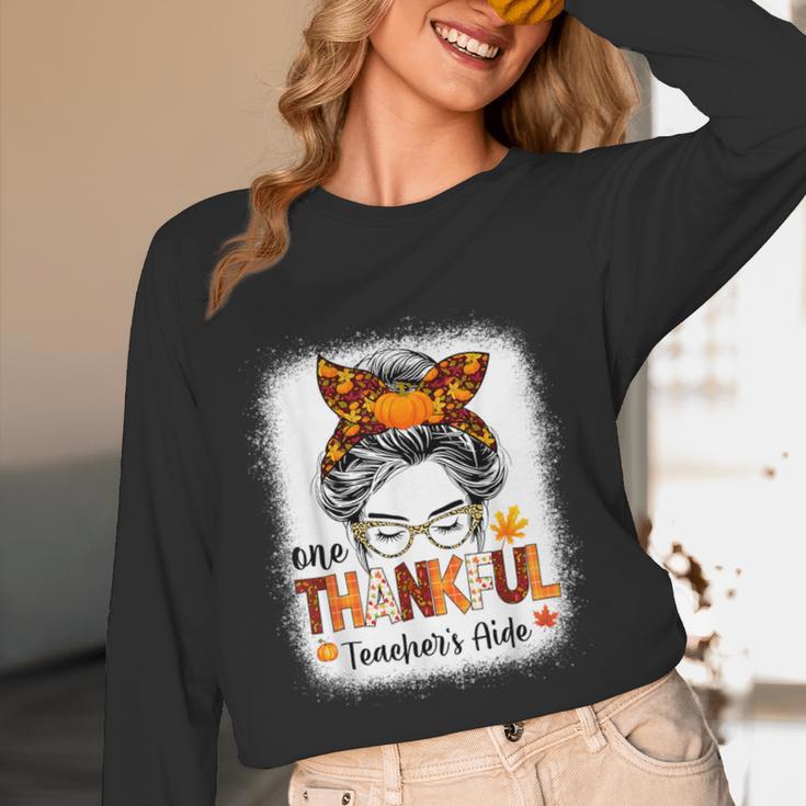 One Thankful Teacher's Aide Messy Bun Thanksgiving Fall Women Long Sleeve T-Shirt, novelty gifts, funny gifts