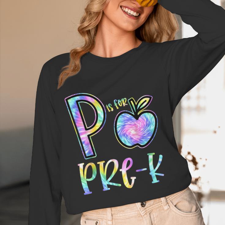 P Is For Pre-K Preschool Teacher Tie Dye Back To School Women Long Sleeve T-Shirt, novelty gifts, funny gifts