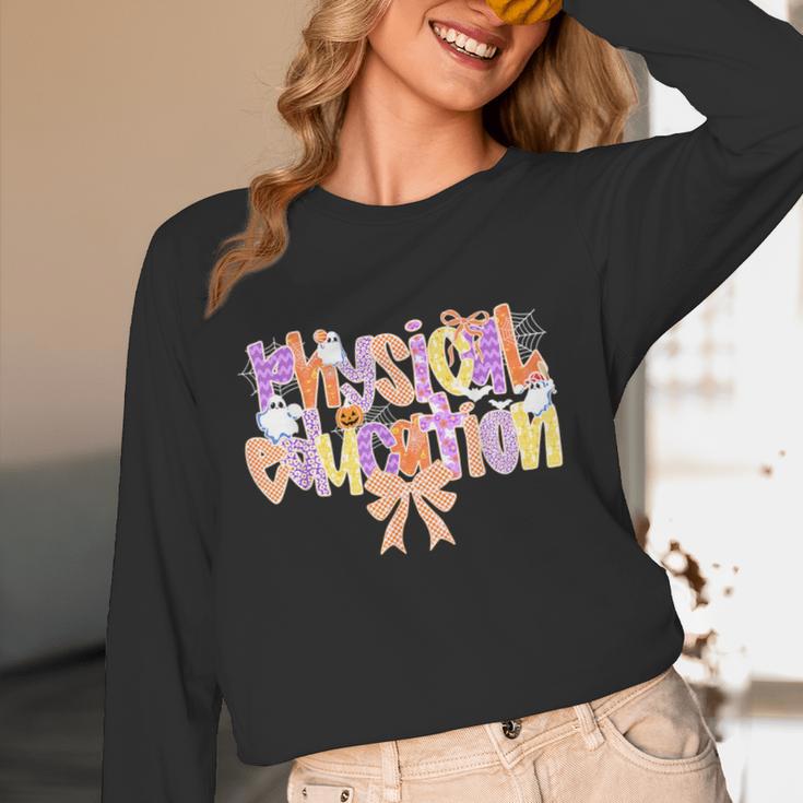Physical Education Halloween Bow Checkered Teacher Ghost PE Women Long Sleeve T-Shirt, novelty gifts, funny gifts