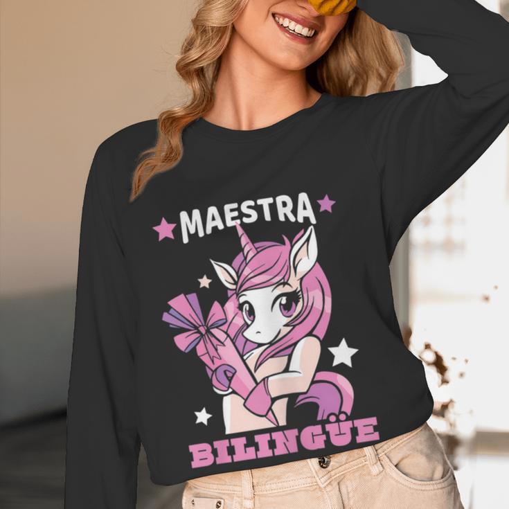 Pink Unicorn Spanish Teacher Regalos Para Bilingue Teacher Women Long Sleeve T-Shirt, novelty gifts, funny gifts
