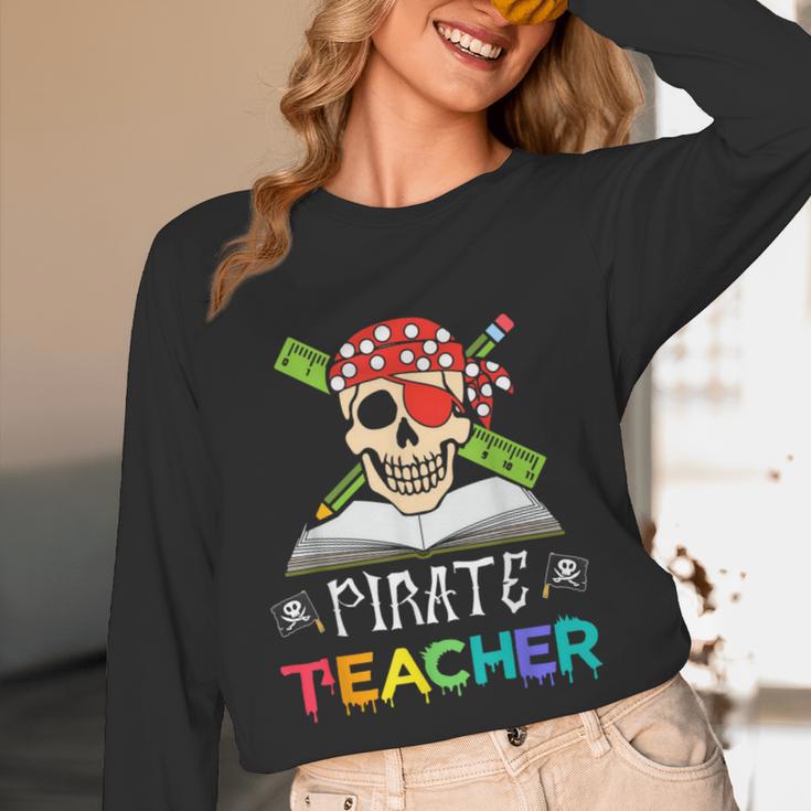 Pirate Teacher Halloween Skull Adult Women Long Sleeve T-Shirt, novelty gifts, funny gifts