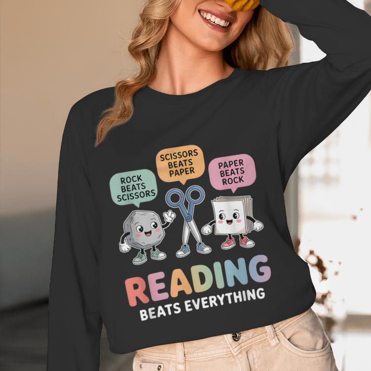 Reading Beats Everything Teacher Rock Paper Scissors Women Long Sleeve T-Shirt, novelty gifts, funny gifts Reading Beats Everything Teacher Rock Paper Scissors Women Long Sleeve T-Shirt, novelty gifts, funny gifts