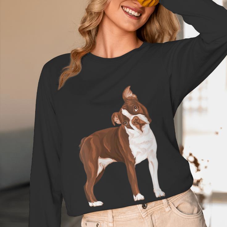 Red Boston Terrier Dog Women Long Sleeve T-Shirt, novelty gifts, funny gifts