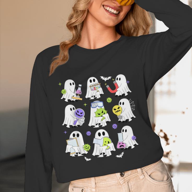 Retro Halloween Science Teacher Ghost Laboratory Teacher Women Long Sleeve T-Shirt, novelty gifts, funny gifts