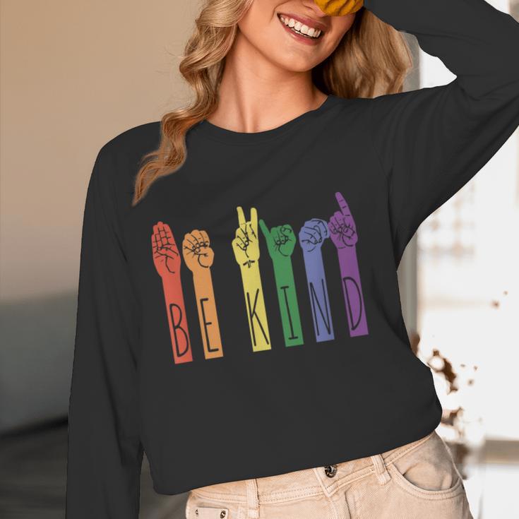 Retro Be Kind ASL Deaf Teacher Sign Language Gay Pride Women Long Sleeve T-Shirt, novelty gifts, funny gifts