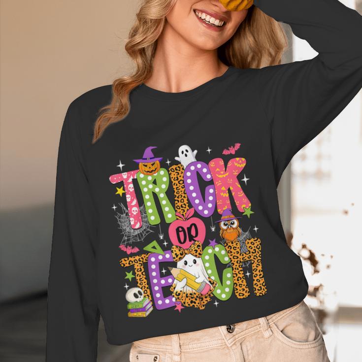 Retro Trick Or Teach Leopard Ghost Halloween Spooky Teacher Women Long Sleeve T-Shirt, novelty gifts, funny gifts Retro Trick Or Teach Leopard Ghost Halloween Spooky Teacher Women Long Sleeve T-Shirt, novelty gifts, funny gifts