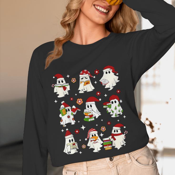Santa Ghost Reading Books Christmas Library Teacher Women Long Sleeve T-Shirt, novelty gifts, funny gifts