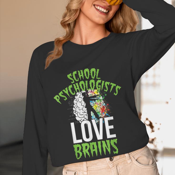 School Psychologists Love Brains Halloween Teacher Counselor Women Long Sleeve T-Shirt, novelty gifts, funny gifts