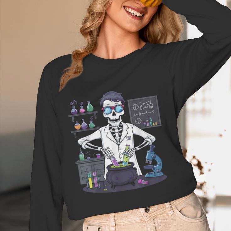 Science Teacher Halloween Skeleton Scientist Chemistry Women Long Sleeve T-Shirt, novelty gifts, funny gifts