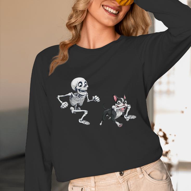 Skeleton Chasing Dog Boston Terrier Halloween Pet Lover Women Long Sleeve T-Shirt, novelty gifts, funny gifts