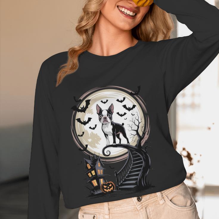Spooky Halloween Moon Boston Terrier Boston Bull Bostie Women Long Sleeve T-Shirt, novelty gifts, funny gifts