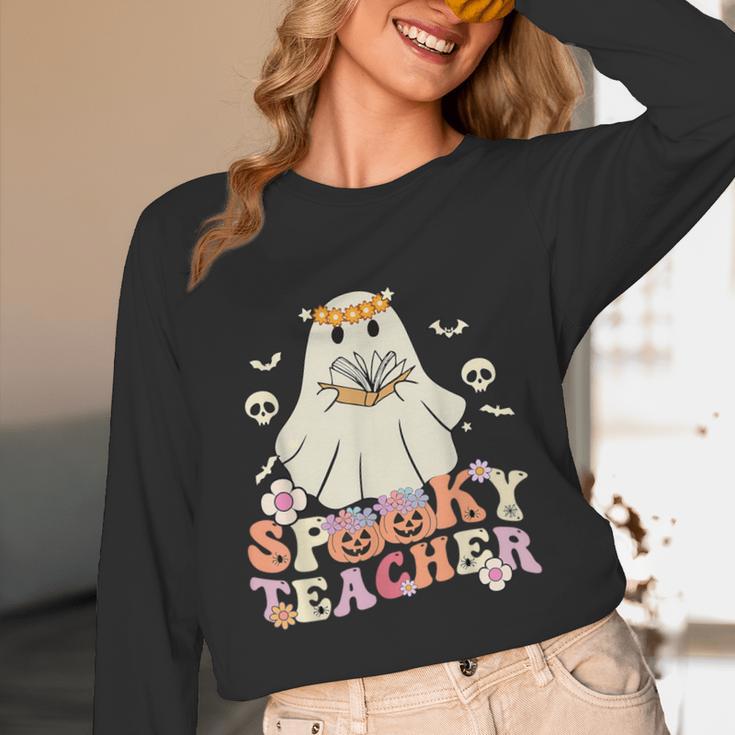 Spooky Teacher Groovy Retro Ghost Teacher Halloween 2023 For Men Women Kids Women Long Sleeve T-Shirt, novelty gifts, funny gifts