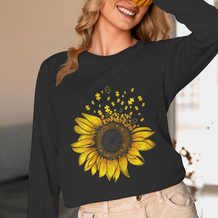 Sunflower Puzzle Pieces Autism Awareness For Mom Teacher For Women Women Long Sleeve T-Shirt, novelty gifts, funny gifts
