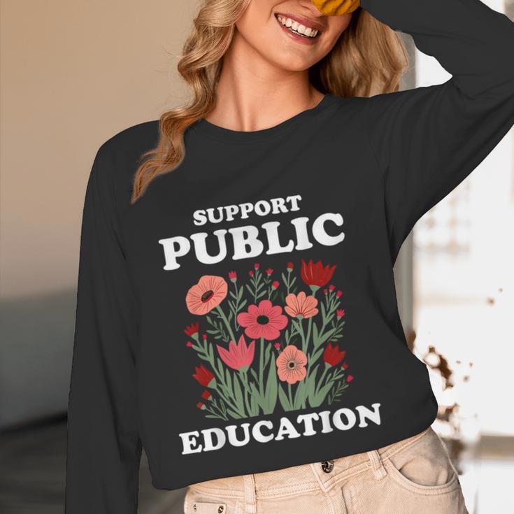 Support Public Education Cute Floral Teacher Red For Ed Women Long Sleeve T-Shirt, novelty gifts, funny gifts