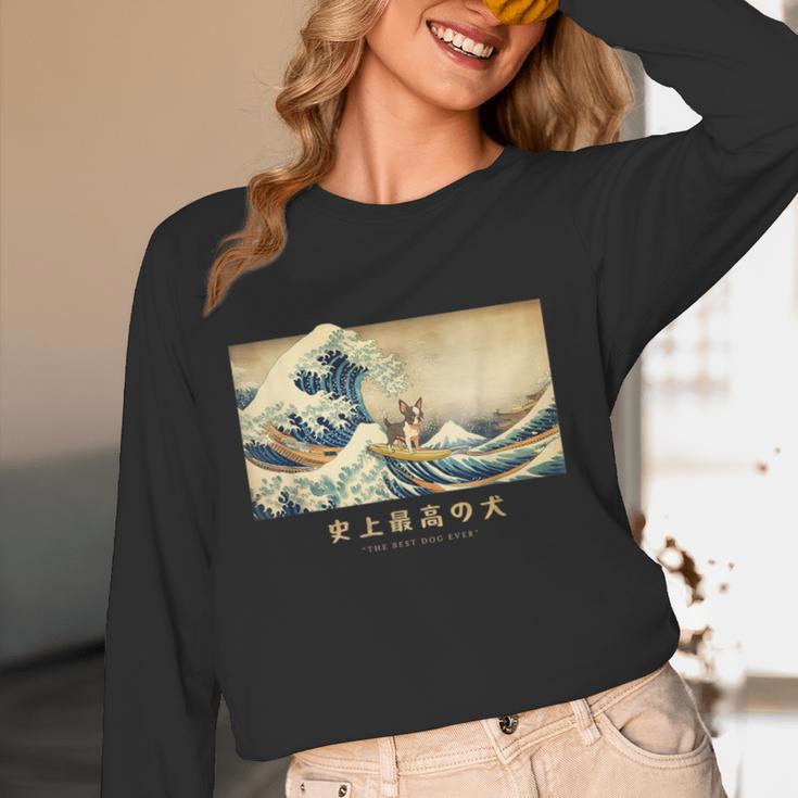 Surfing Boston Terrier Kanagawa Wave Japanese Dog For Men Women Kids Women Long Sleeve T-Shirt, novelty gifts, funny gifts