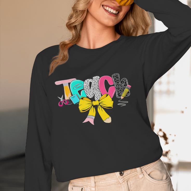 Teach Coquette Bow Teacher Back To School Happy First Day Women Long Sleeve T-Shirt, novelty gifts, funny gifts