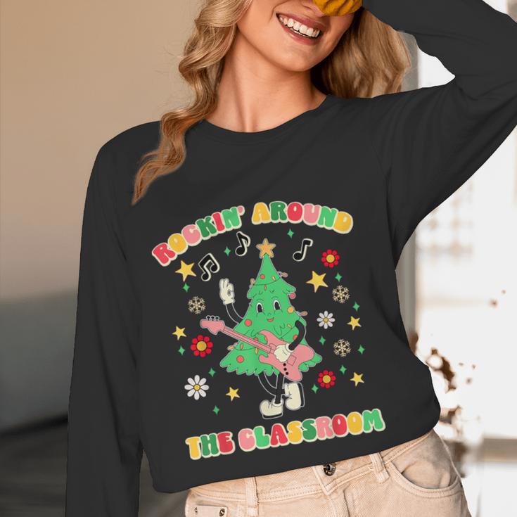 Teacher Christmas Shirts Pajama Matching Rockin' Around The Classroom -Adult Short Sleeve Small Modern Festive Christmas Teacher Xmas Vibes T-Shirt Women Long Sleeve T-Shirt, novelty gifts, funny gifts