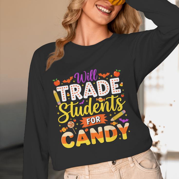 Teacher Cute Will Trade Students For Candy Halloween Costume Women Long Sleeve T-Shirt, novelty gifts, funny gifts