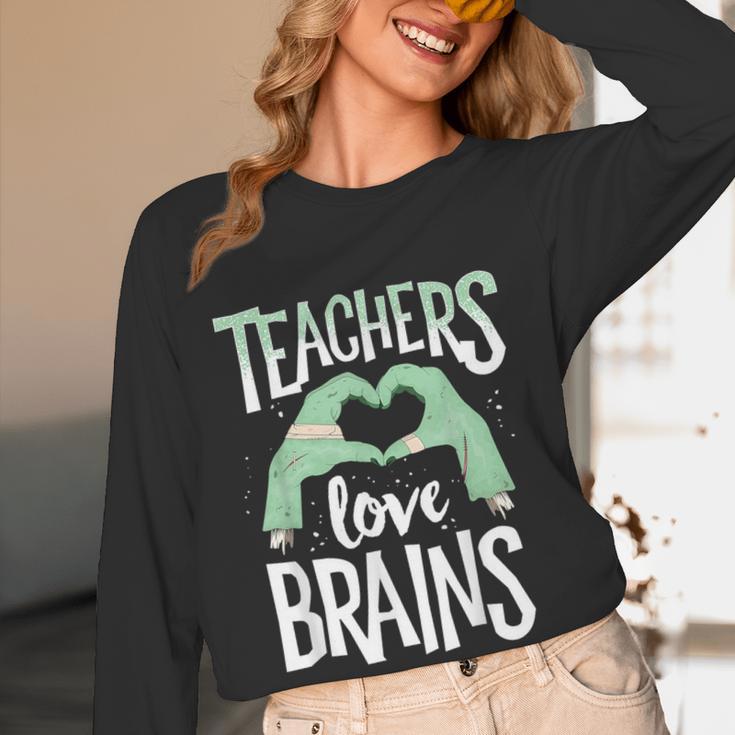 Teachers Love Brains Halloween Costume Trick Treat Zombie Women Long Sleeve T-Shirt, novelty gifts, funny gifts