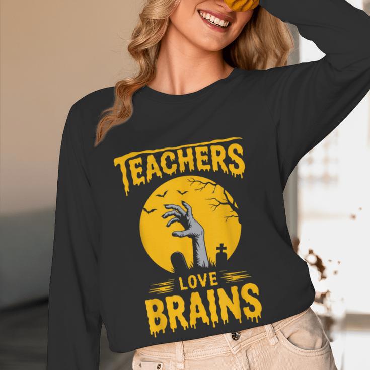Teachers Love Brains Shirt Men Women Halloween Teacher Women Long Sleeve T-Shirt, novelty gifts, funny gifts