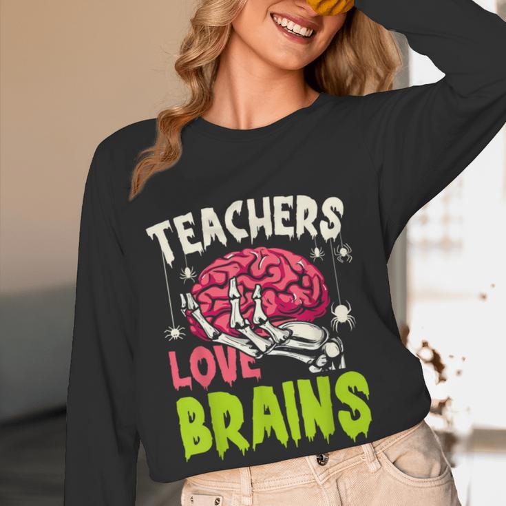 Teachers Love Brains Skeleton Halloween Teacher Funny Women Long Sleeve T-Shirt, novelty gifts, funny gifts