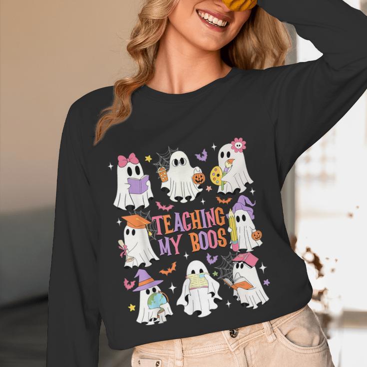 Teaching My Boos Teacher Cute Ghost Groovy Teacher Halloween Women Long Sleeve T-Shirt, novelty gifts, funny gifts