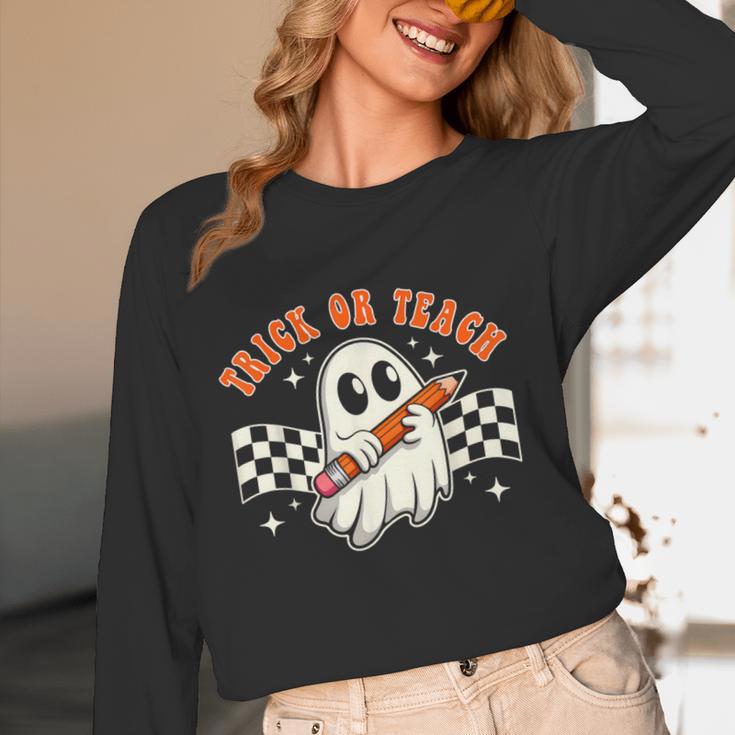 Trick Or Teach Groovy Retro Ghost Halloween Teacher Kids Women Long Sleeve T-Shirt, novelty gifts, funny gifts Trick Or Teach Groovy Retro Ghost Halloween Teacher Kids Women Long Sleeve T-Shirt, novelty gifts, funny gifts