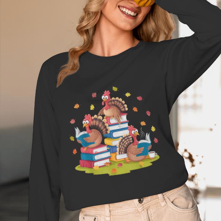 Turkey Reading Books Fall Season Thanksgiving Teacher Book Women Long Sleeve T-Shirt, novelty gifts, funny gifts
