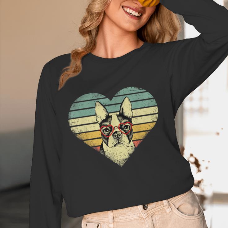 Vintage American Boston Terrier Lovers Valentine's Day Women Long Sleeve T-Shirt, novelty gifts, funny gifts