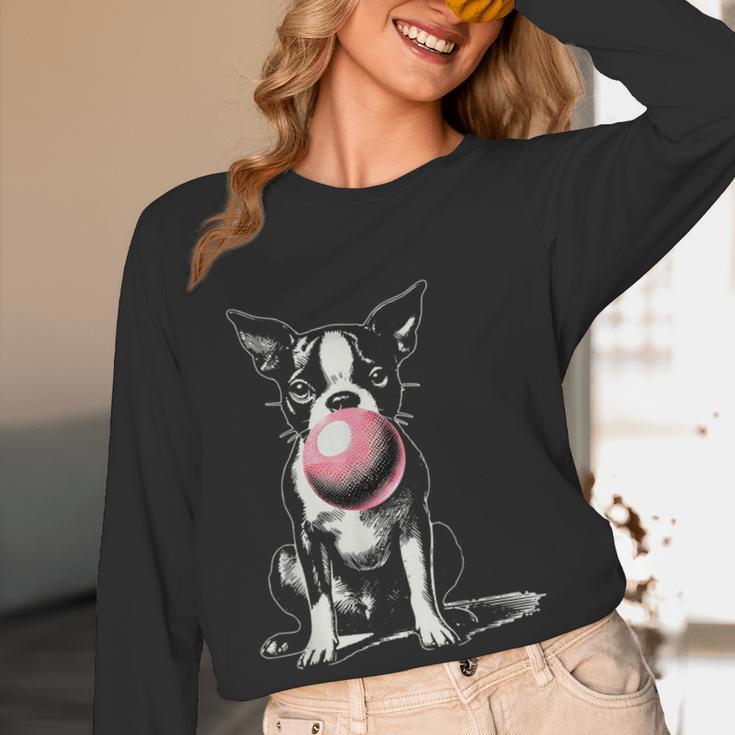Vintage Boston Terrier Blowing Bubble Gum American Gentleman Women Long Sleeve T-Shirt, novelty gifts, funny gifts