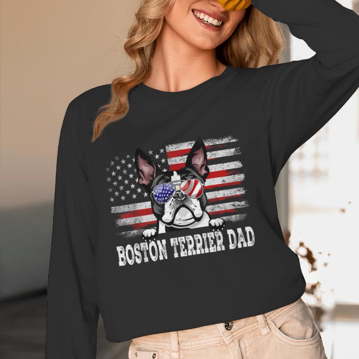 Vintage Boston Terrier Dad American Flag Father's Day Women Long Sleeve T-Shirt, novelty gifts, funny gifts