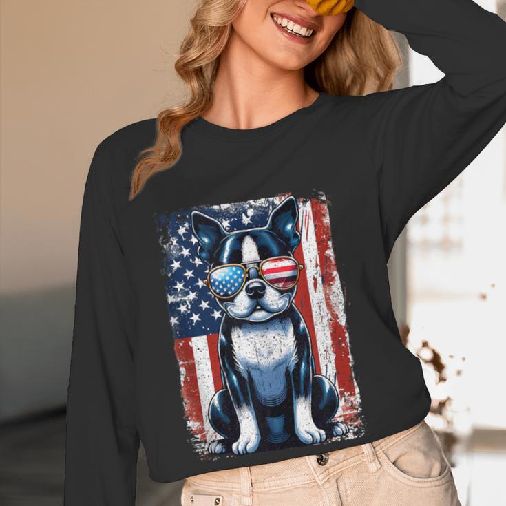 Vintage Boston Terrier Dog American USA US Flag Pets Lovers Tank Top Women Long Sleeve T-Shirt, novelty gifts, funny gifts