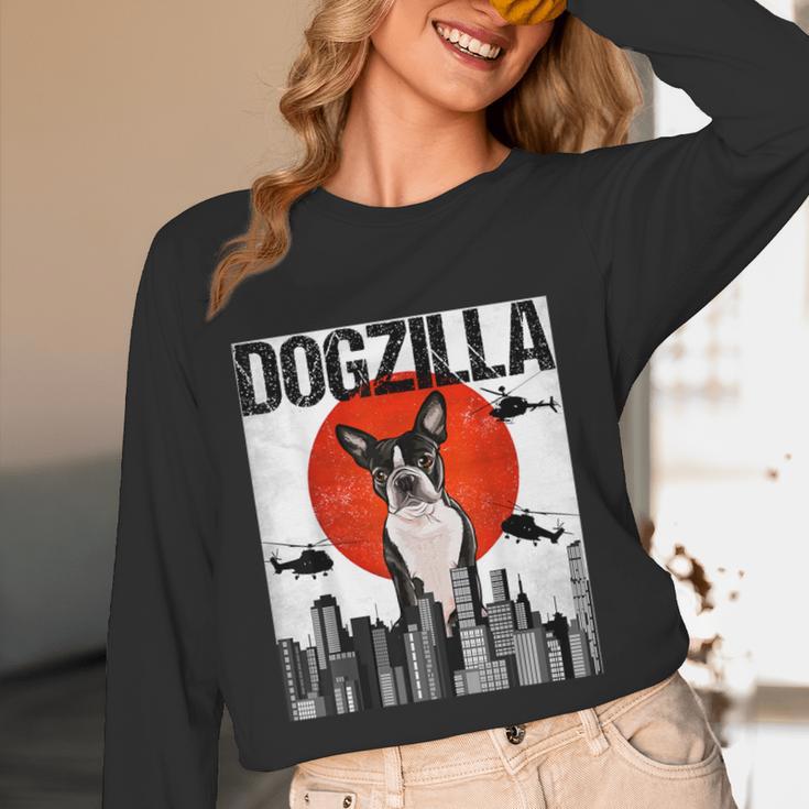 Vintage Japanese Dogzilla Boston Terrier Women Long Sleeve T-Shirt, novelty gifts, funny gifts