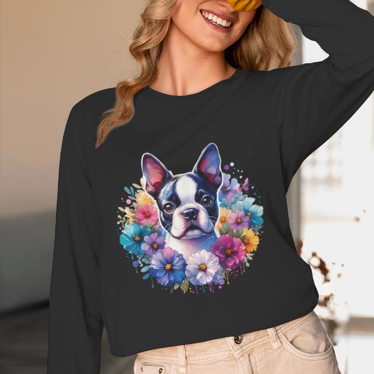 Watercolor Floral Boston Terrier Mama Dog Lover Mother's Day Women Long Sleeve T-Shirt, novelty gifts, funny gifts