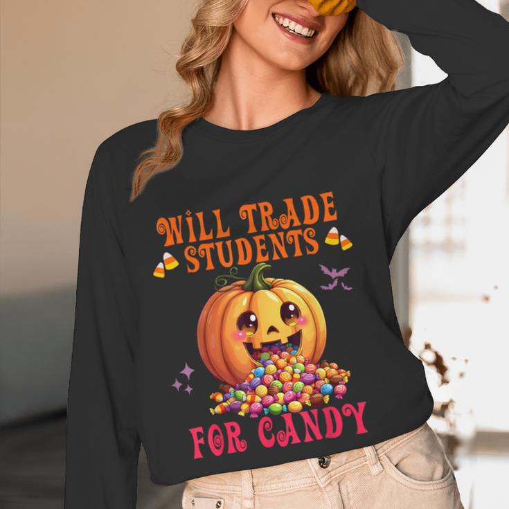 Will Trade Students For Candy Teacher Cute Halloween Pumpkin Women Long Sleeve T-Shirt, novelty gifts, funny gifts Will Trade Students For Candy Teacher Cute Halloween Pumpkin Women Long Sleeve T-Shirt, novelty gifts, funny gifts