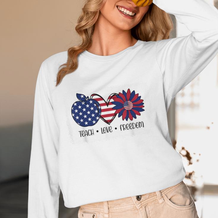 American Flag Teach Love Freedom Preschool Teacher 4th July Women Long Sleeve T-Shirt, novelty gifts, funny gifts