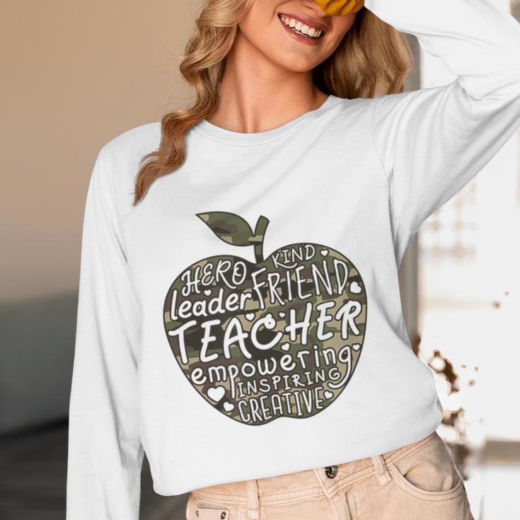 Apple Camoflauge Clothing Camo Student Teacher Cute School Women Long Sleeve T-Shirt, novelty gifts, funny gifts